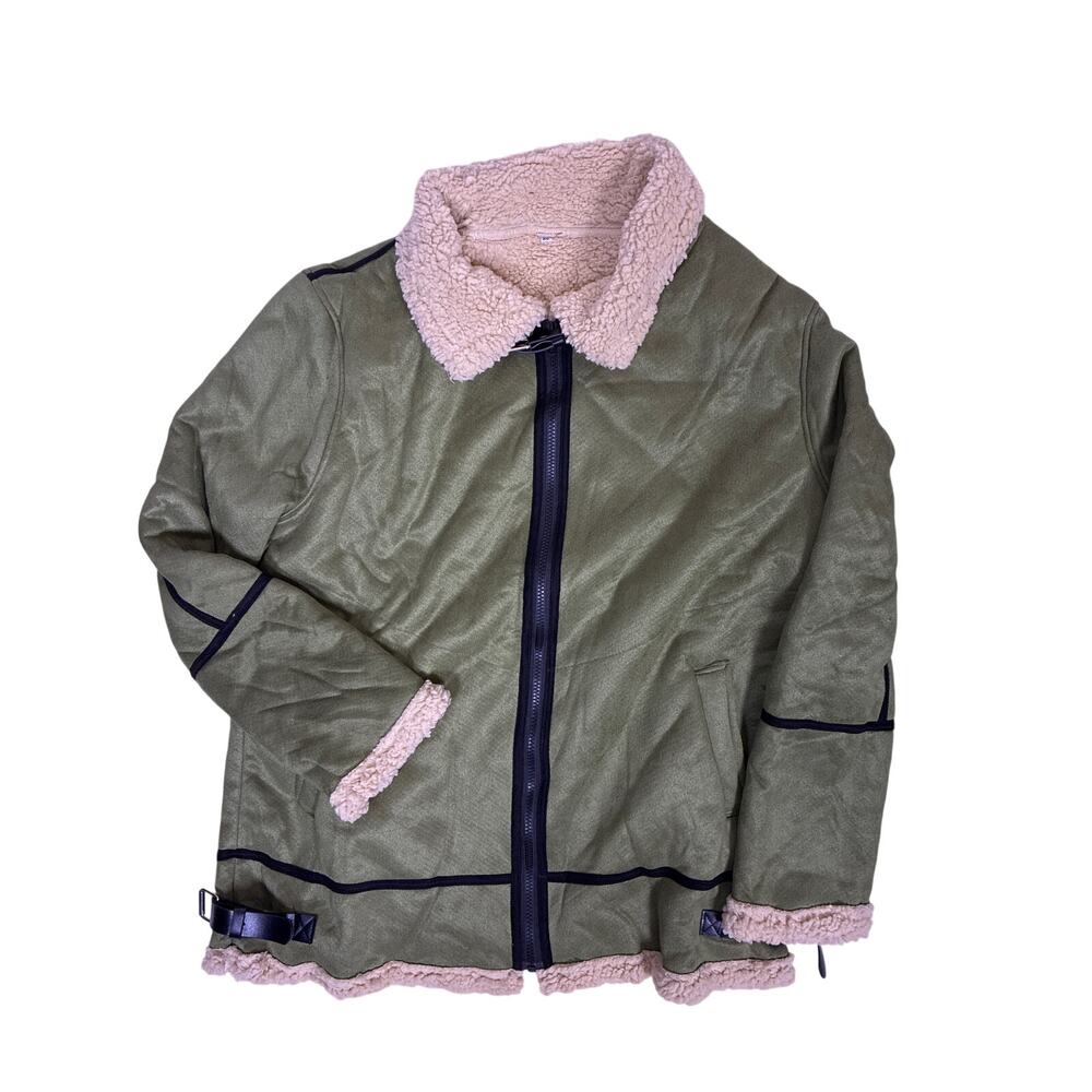 Forest Green Faux Suede Sherpa Lined Belted Jacket Women’s XL Cream Trim Coat